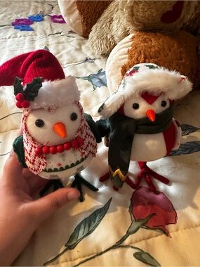 Cute Pair of Holiday Plush Bird Ornaments - Red, Green & White